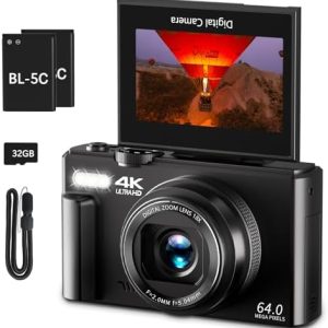 4K Digital Camera for Photography, WiFi 64MP 180° Flip Screen 3" Autofocus Vlogging Camera for YouTube, 16X Zoom Compact Point and Shoot Cameras for Beginner with 32GB Card, 2 Batteries
